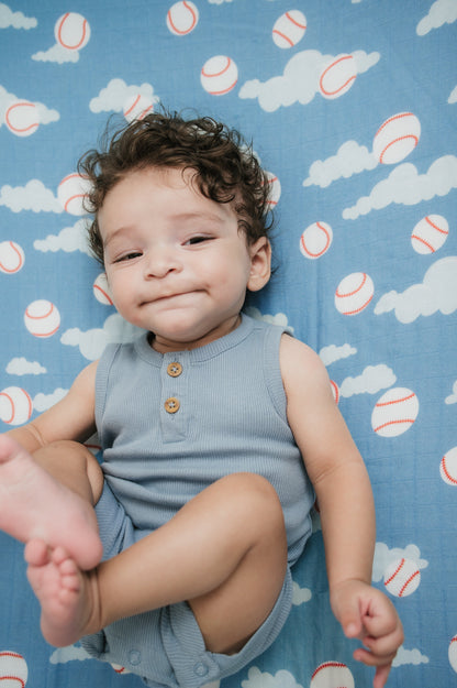 Organic Bamboo Cotton Muslin Crib Sheet in Baseballs in the Sky - Tampa Home & Garden Store