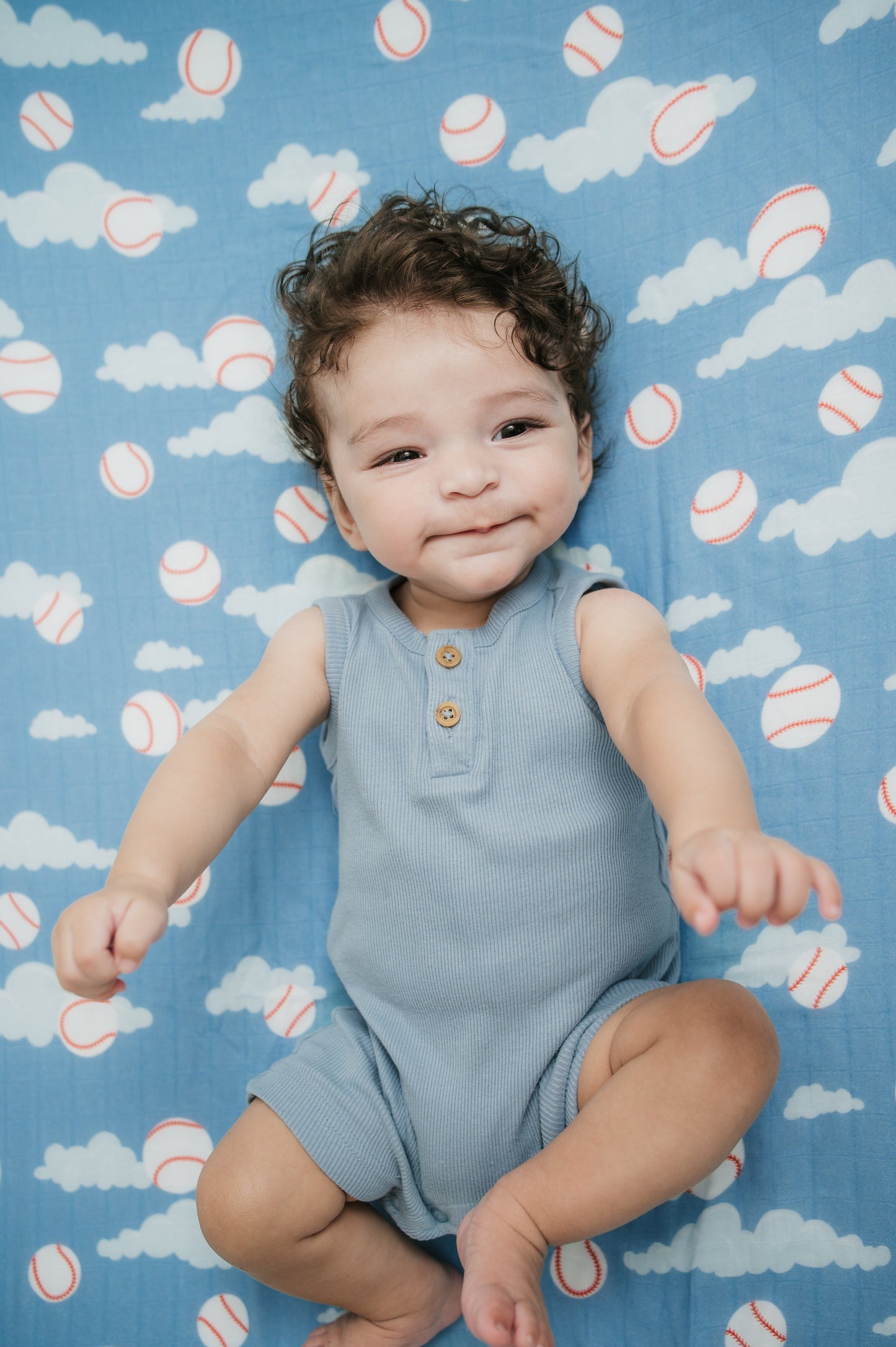 Organic Bamboo Cotton Muslin Crib Sheet in Baseballs in the Sky - Tampa Home & Garden Store