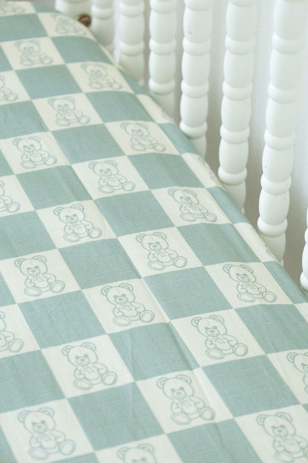 Organic Bamboo Cotton Muslin Crib Sheet in Checkered Bears - Tampa Home & Garden Store