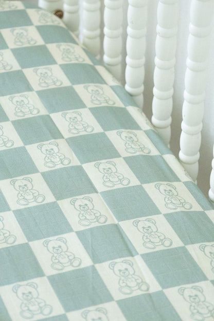 Organic Bamboo Cotton Muslin Crib Sheet in Checkered Bears - Tampa Home & Garden Store
