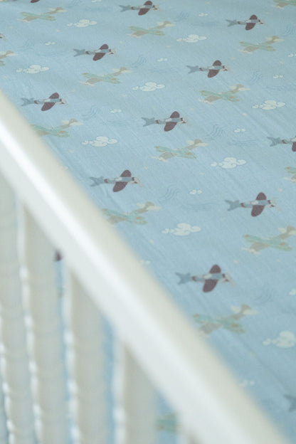 Organic Bamboo Cotton Muslin Crib Sheet in Dreamy Planes - Tampa Home & Garden Store