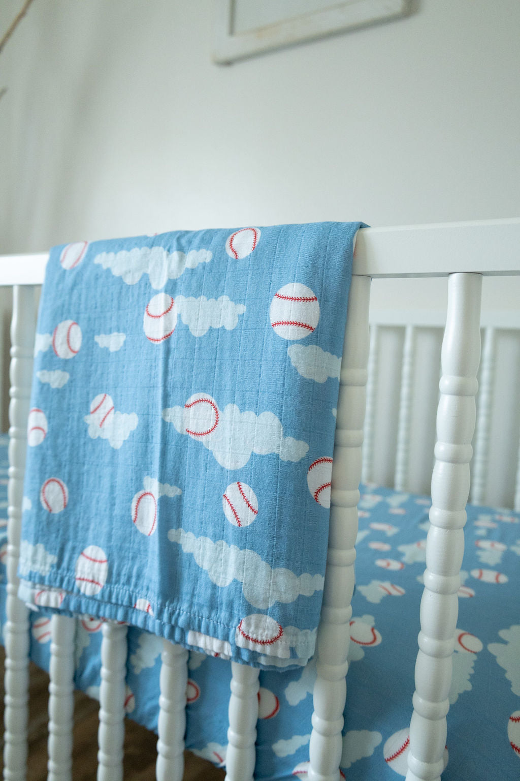Organic Bamboo Cotton Muslin Swaddle Blanket in Baseballs in the Sky - Tampa Home & Garden Store
