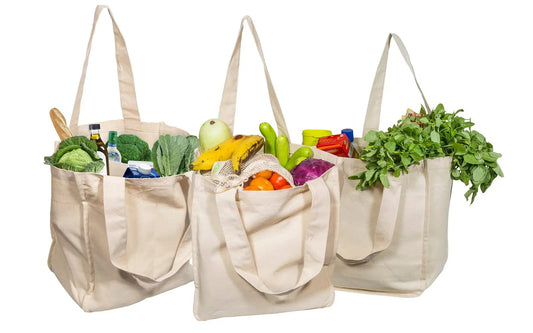 Organic Canvas Grocery Tote Shopping Totes 3 beige filled with fresh produce by Organic Cotton Mart on Tampa Home & Garden Store