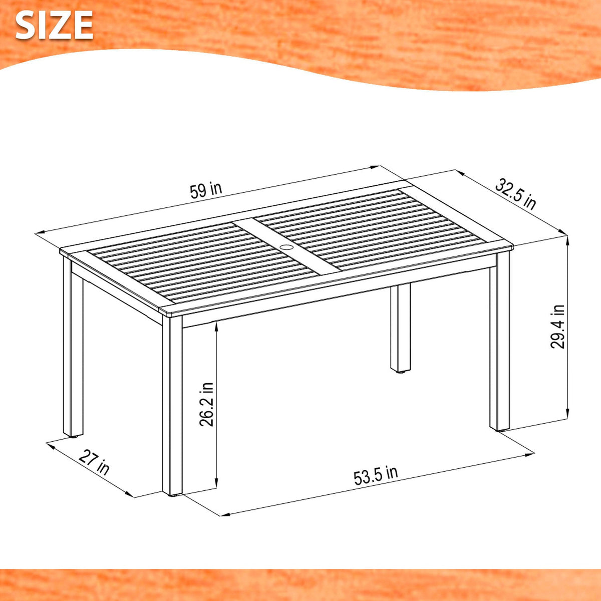 Orlando rectangular dining table diagram, LifestyleGarden US, slatted top, 59x32.5x29.4 in on Tampa Home & Garden Store