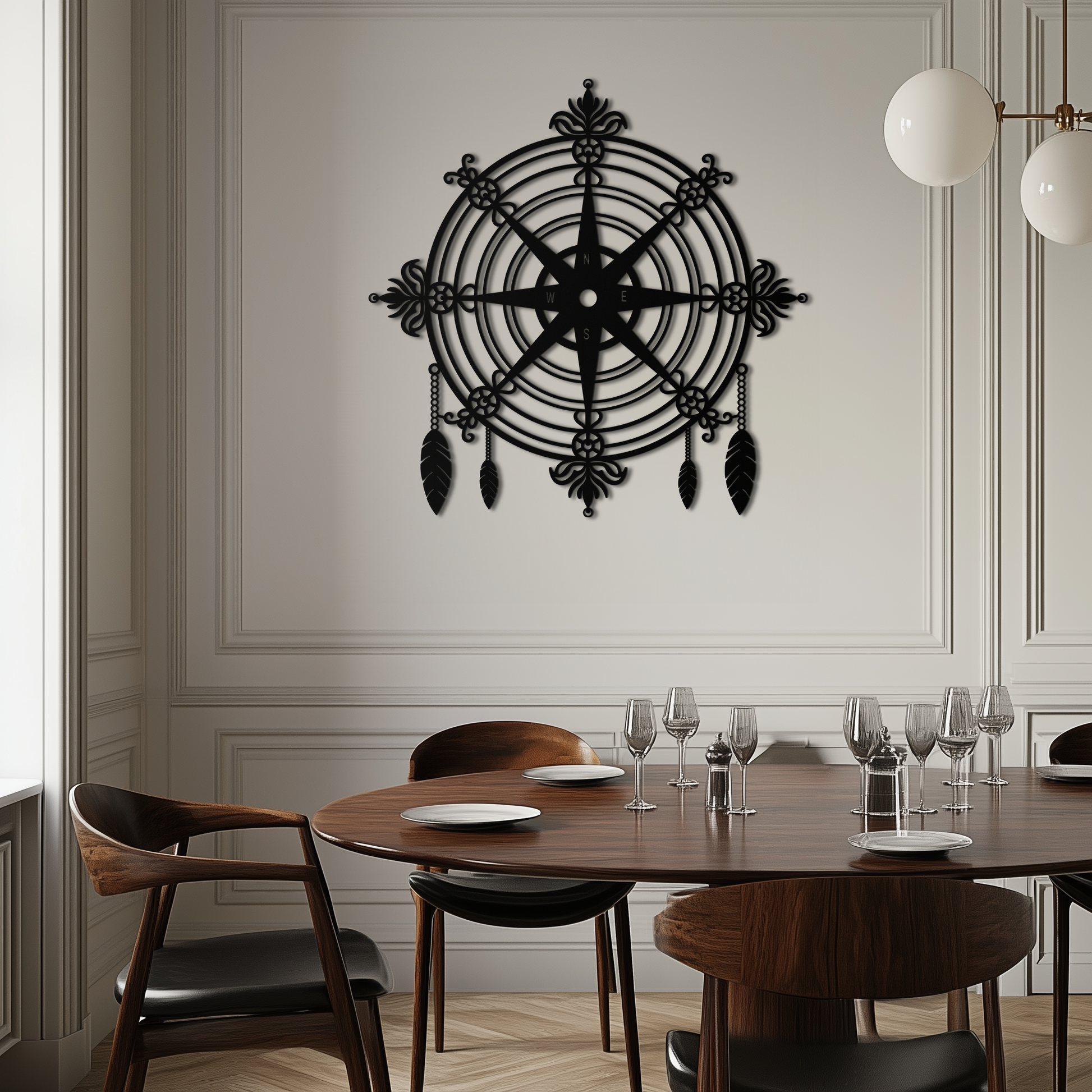 Ornate Compass Rose Metal Wall Art – Decorative Matte Black Steel with Feathers for Nautical and Boho Decor- KAF347 - Tampa Home & Garden Store