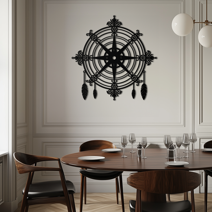 Ornate Compass Rose Metal Wall Art – Decorative Matte Black Steel with Feathers for Nautical and Boho Decor- KAF347 - Tampa Home & Garden Store