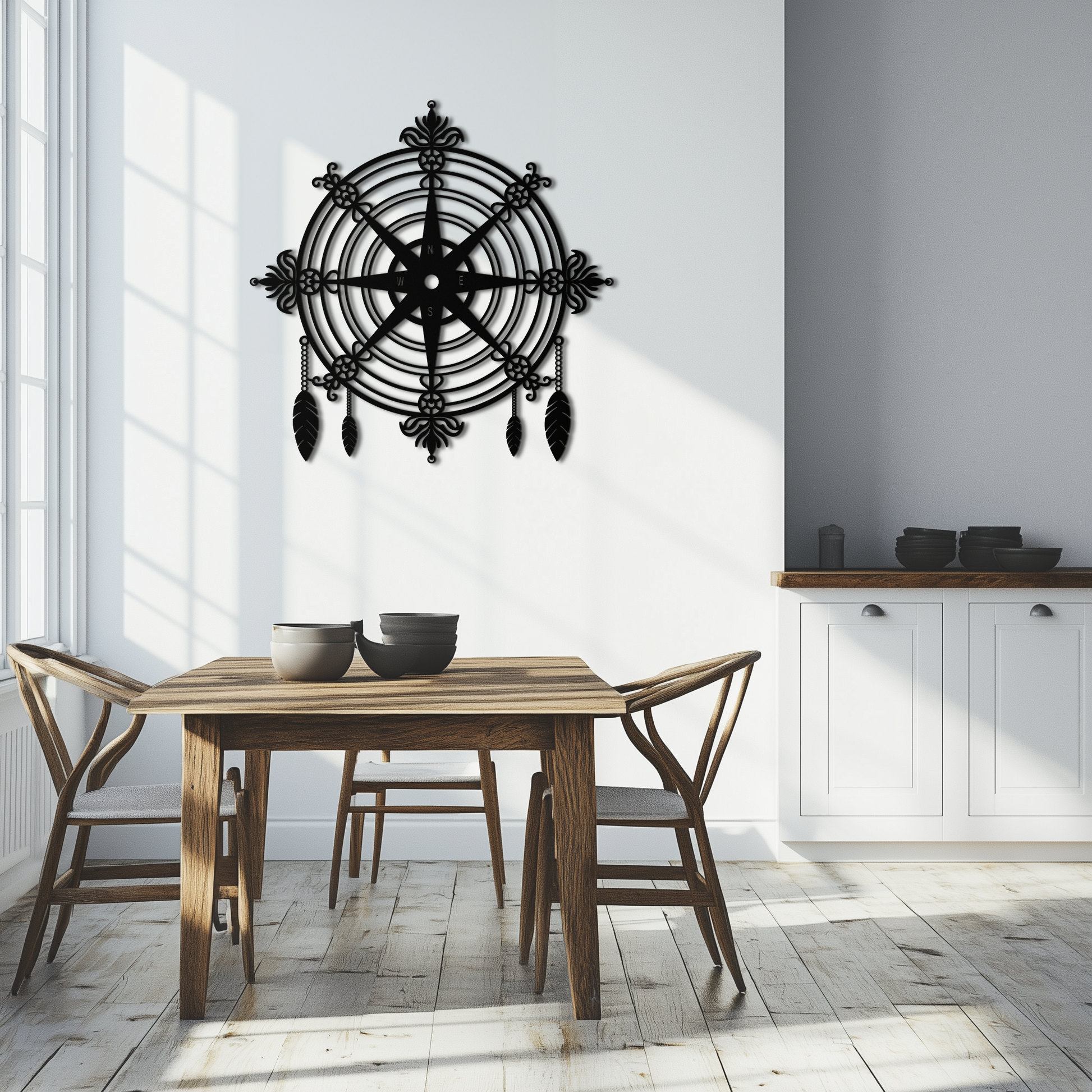 Ornate Compass Rose Metal Wall Art – Decorative Matte Black Steel with Feathers for Nautical and Boho Decor- KAF347 - Tampa Home & Garden Store