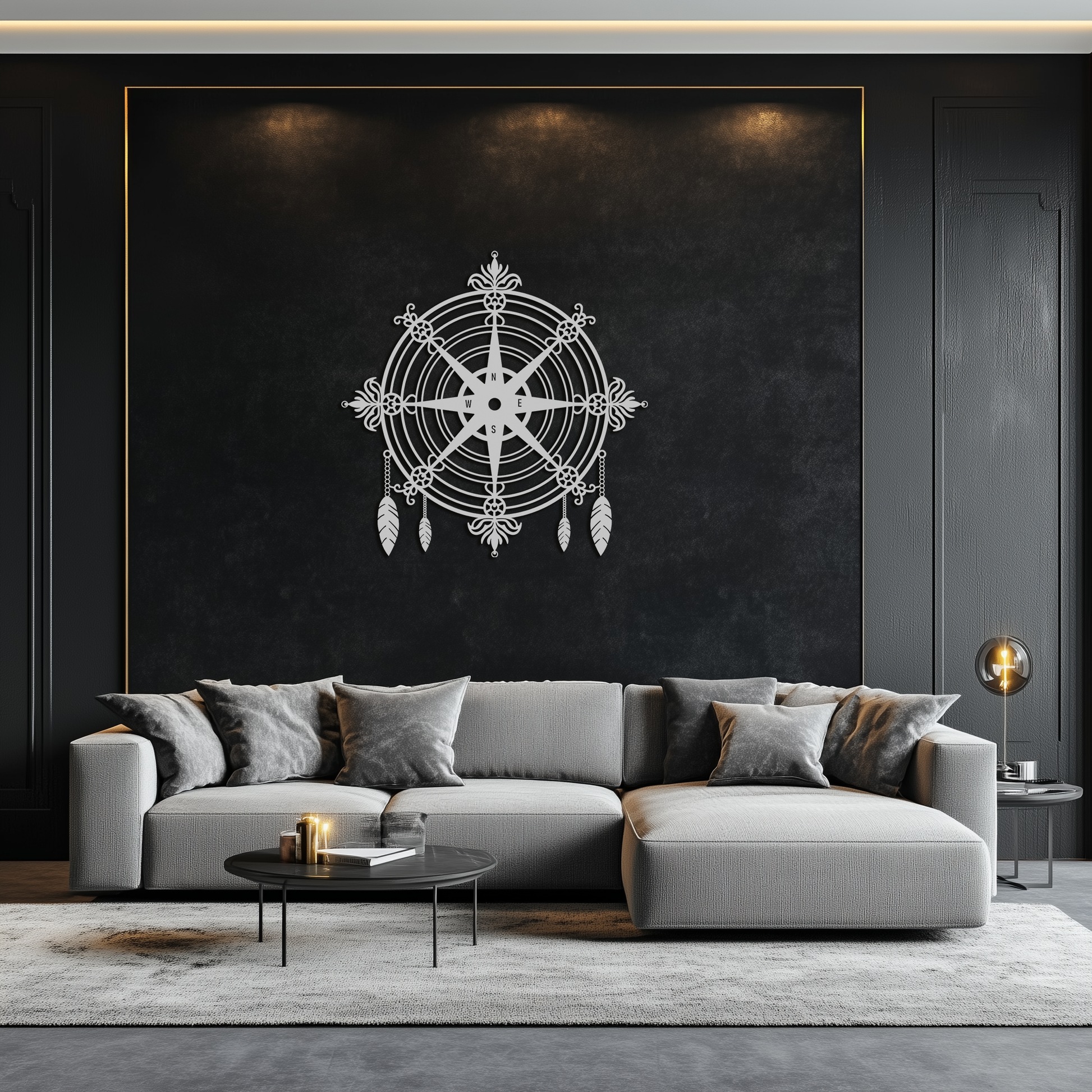 Ornate Compass Rose Metal Wall Art – Decorative Matte Black Steel with Feathers for Nautical and Boho Decor- KAF347 - Tampa Home & Garden Store