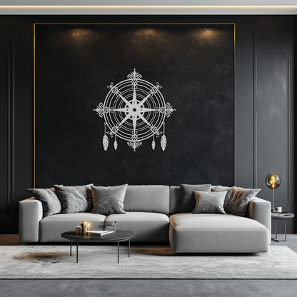 Ornate Compass Rose Metal Wall Art – Decorative Matte Black Steel with Feathers for Nautical and Boho Decor- KAF347 - Tampa Home & Garden Store
