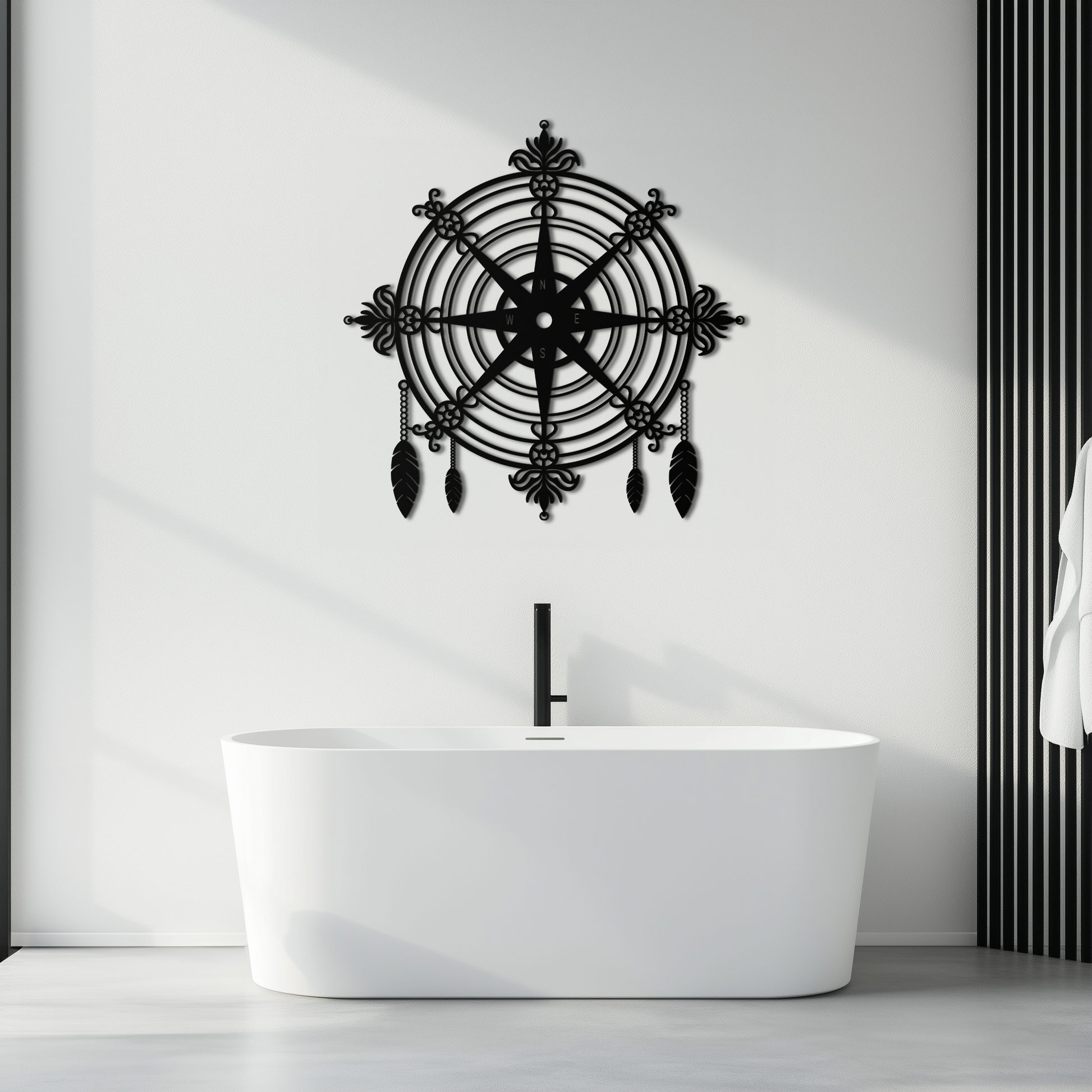 Ornate Compass Rose Metal Wall Art – Decorative Matte Black Steel with Feathers for Nautical and Boho Decor- KAF347 - Tampa Home & Garden Store