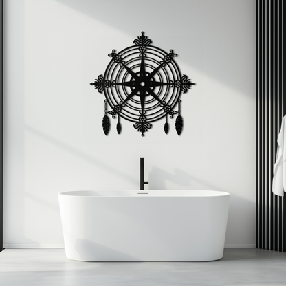 Ornate Compass Rose Metal Wall Art – Decorative Matte Black Steel with Feathers for Nautical and Boho Decor- KAF347 - Tampa Home & Garden Store