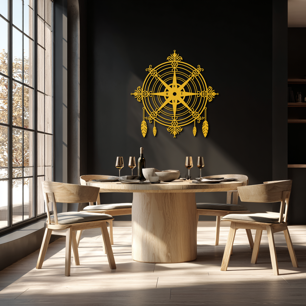 Ornate Compass Rose Metal Wall Art – Decorative Matte Black Steel with Feathers for Nautical and Boho Decor- KAF347 - Tampa Home & Garden Store
