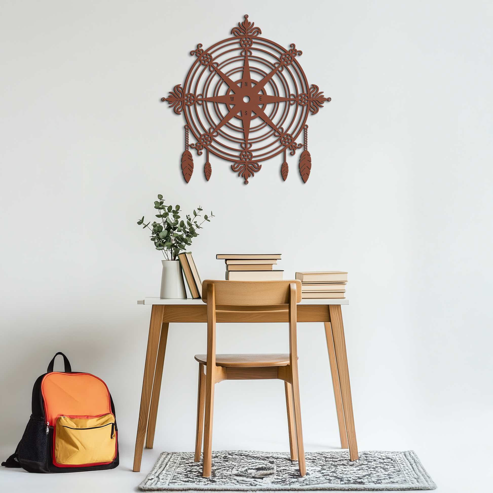 Ornate Compass Rose Metal Wall Art – Decorative Matte Black Steel with Feathers for Nautical and Boho Decor- KAF347 - Tampa Home & Garden Store