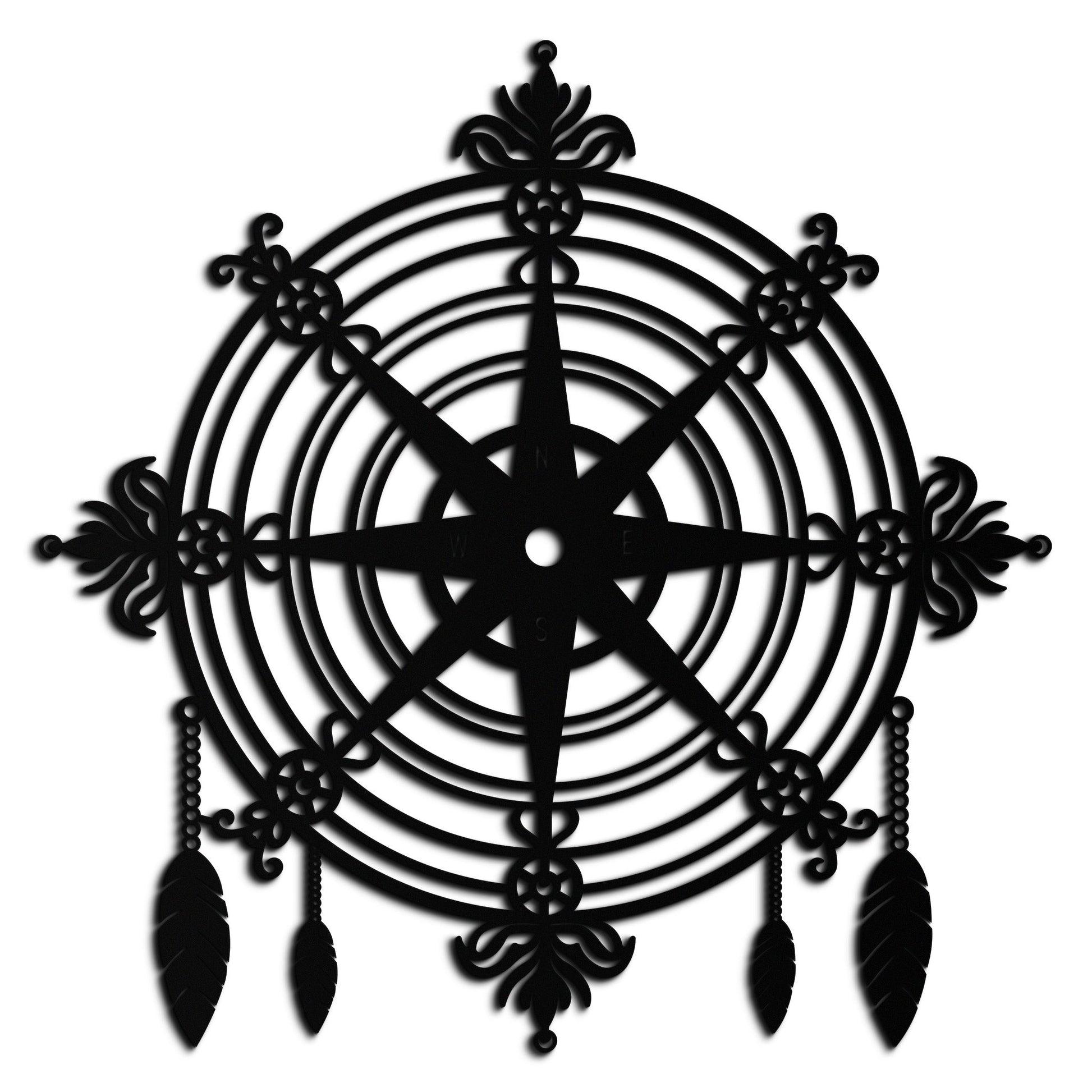 Ornate Compass Rose Metal Wall Art – Decorative Matte Black Steel with Feathers for Nautical and Boho Decor- KAF347 - Tampa Home & Garden Store