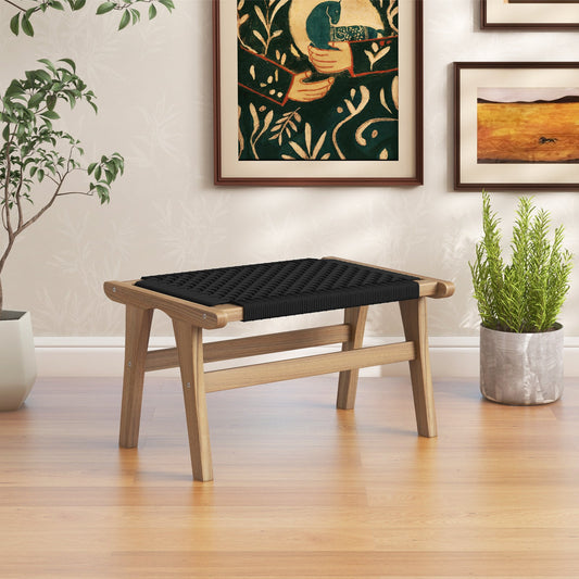 Indoor Outdoor Ottoman Footstool Teak Wooden Foot Rest with Handwoven Cordage - Tampa Home & Garden Store