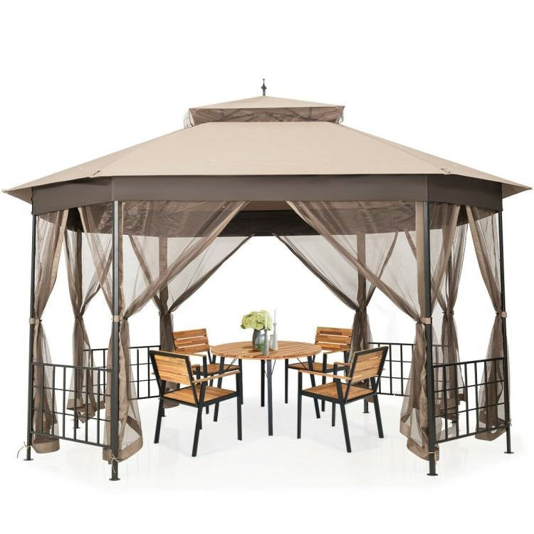 Outdoor 10 x 12 Ft Octagon Gazebo with Mosquito Net Sidewalls and Brown Canopy - Tampa Home & Garden Store