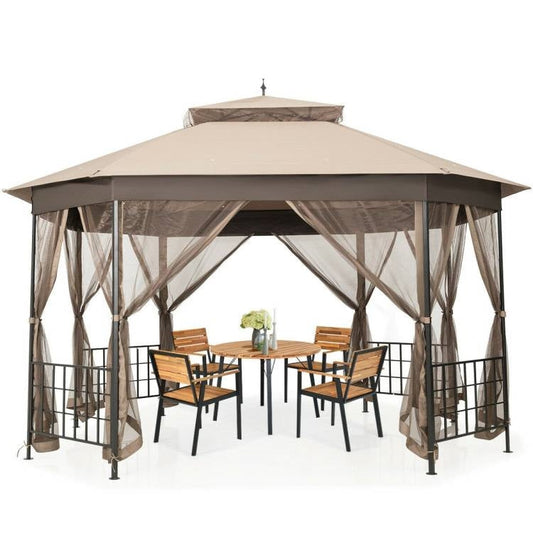 Outdoor 10 x 12 Ft Octagon Gazebo with Mosquito Net Sidewalls and Brown Canopy - Tampa Home & Garden Store