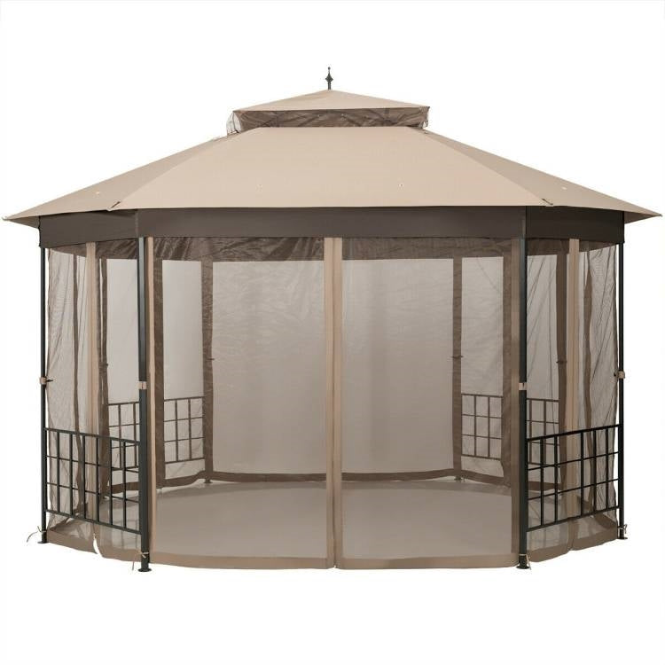Outdoor 10 x 12 Ft Octagon Gazebo with Mosquito Net Sidewalls and Brown Canopy - Tampa Home & Garden Store