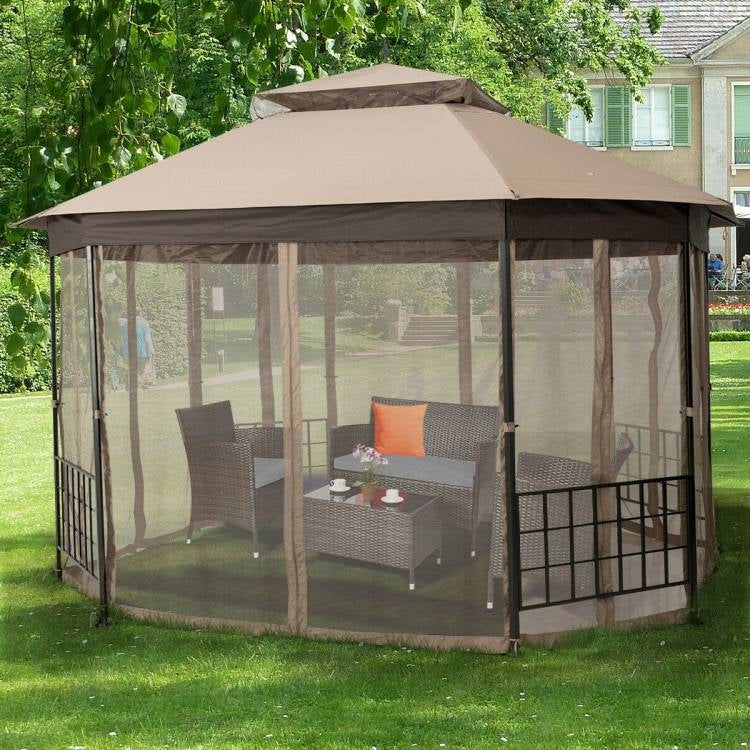 Outdoor 10 x 12 Ft Octagon Gazebo with Mosquito Net Sidewalls and Brown Canopy - Tampa Home & Garden Store