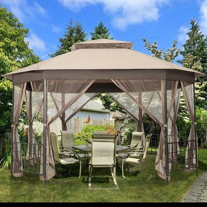 Outdoor 10 x 12 Ft Octagon Gazebo with Mosquito Net Sidewalls and Brown Canopy - Tampa Home & Garden Store