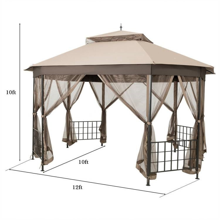 Outdoor 10 x 12 Ft Octagon Gazebo with Mosquito Net Sidewalls and Brown Canopy - Tampa Home & Garden Store