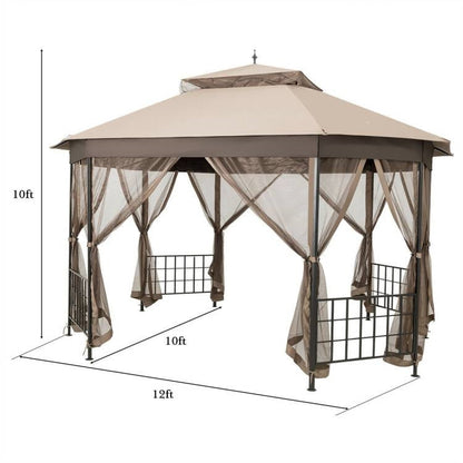 Outdoor 10 x 12 Ft Octagon Gazebo with Mosquito Net Sidewalls and Brown Canopy - Tampa Home & Garden Store