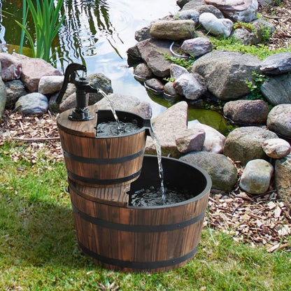 Outdoor 2-Tier Solid Wood Whisky Barrel Waterfall Fountain with Electric Pump - Tampa Home & Garden Store
