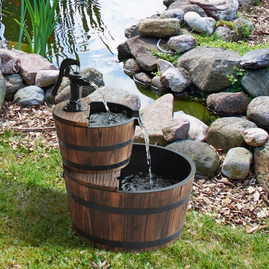 Outdoor 2-Tier Solid Wood Whisky Barrel Waterfall Fountain with Electric Pump - Tampa Home & Garden Store