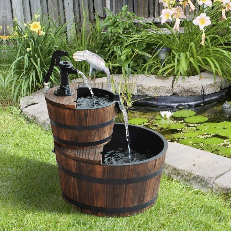 Outdoor 2-Tier Solid Wood Whisky Barrel Waterfall Fountain with Electric Pump - Tampa Home & Garden Store