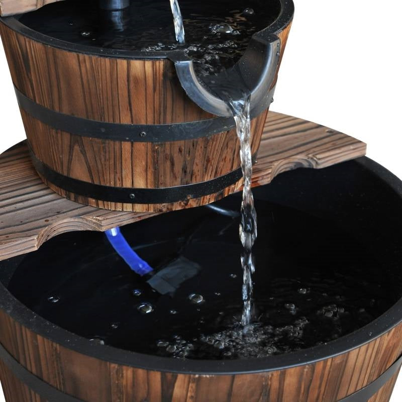 Outdoor 2-Tier Solid Wood Whisky Barrel Waterfall Fountain with Electric Pump - Tampa Home & Garden Store