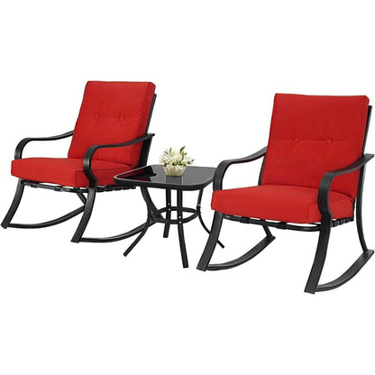 Outdoor 3-Piece Patio Furniture Rocking Chairs Table Set with Red Cushions - Tampa Home & Garden Store