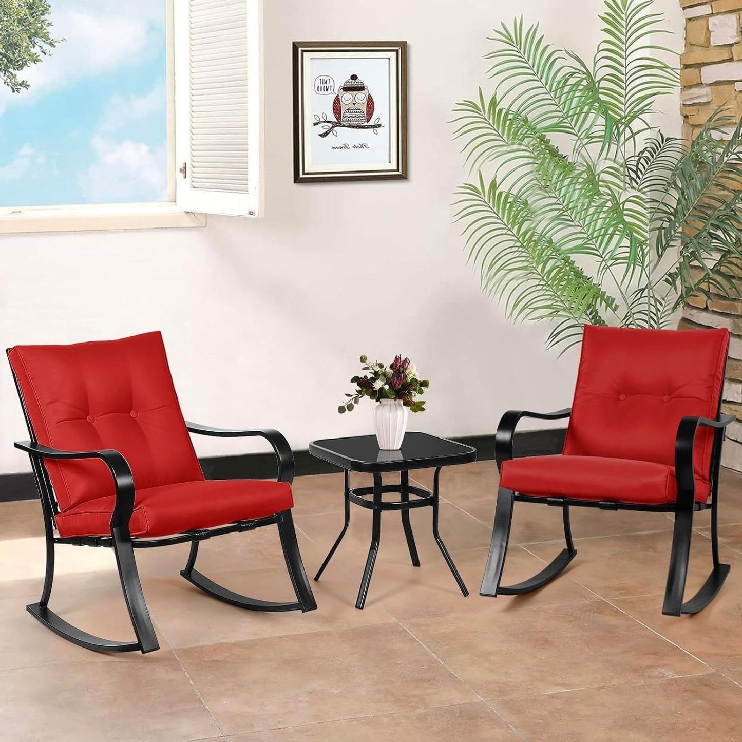 Outdoor 3-Piece Patio Furniture Rocking Chairs Table Set with Red Cushions - Tampa Home & Garden Store