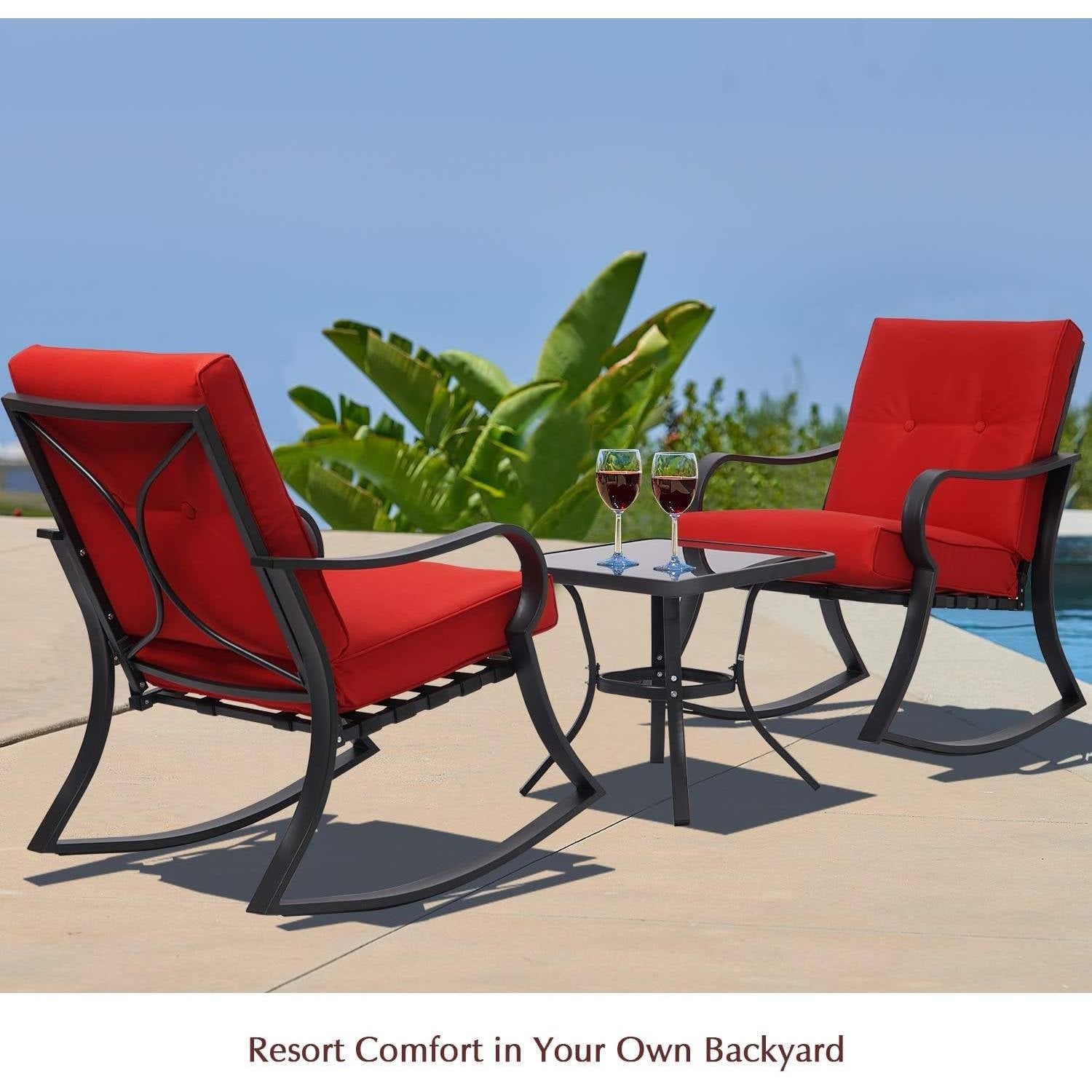 Outdoor 3-Piece Patio Furniture Rocking Chairs Table Set with Red Cushions - Tampa Home & Garden Store