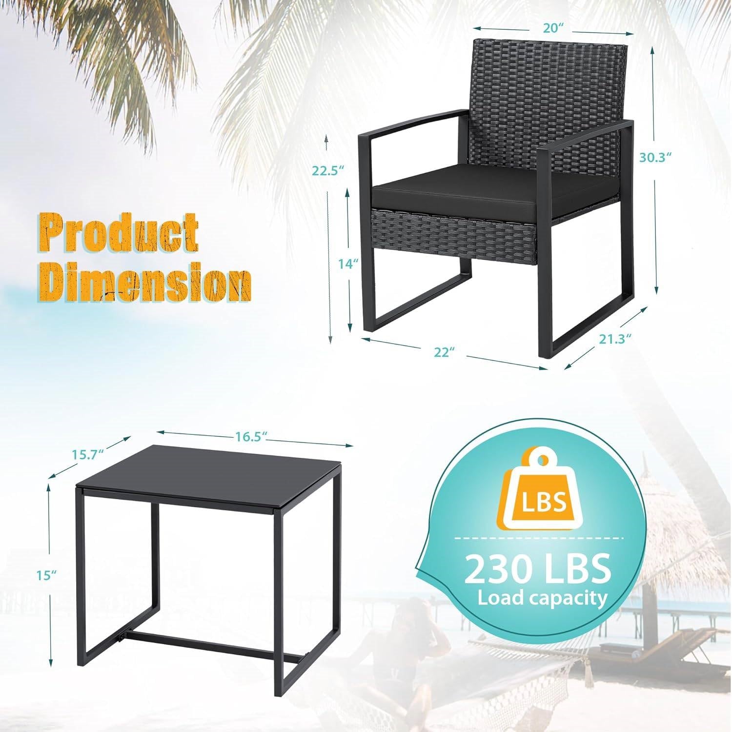 Outdoor 3-Piece Patio Furniture Set with 2 Black Patio Chairs and 1 Side Table - Tampa Home & Garden Store