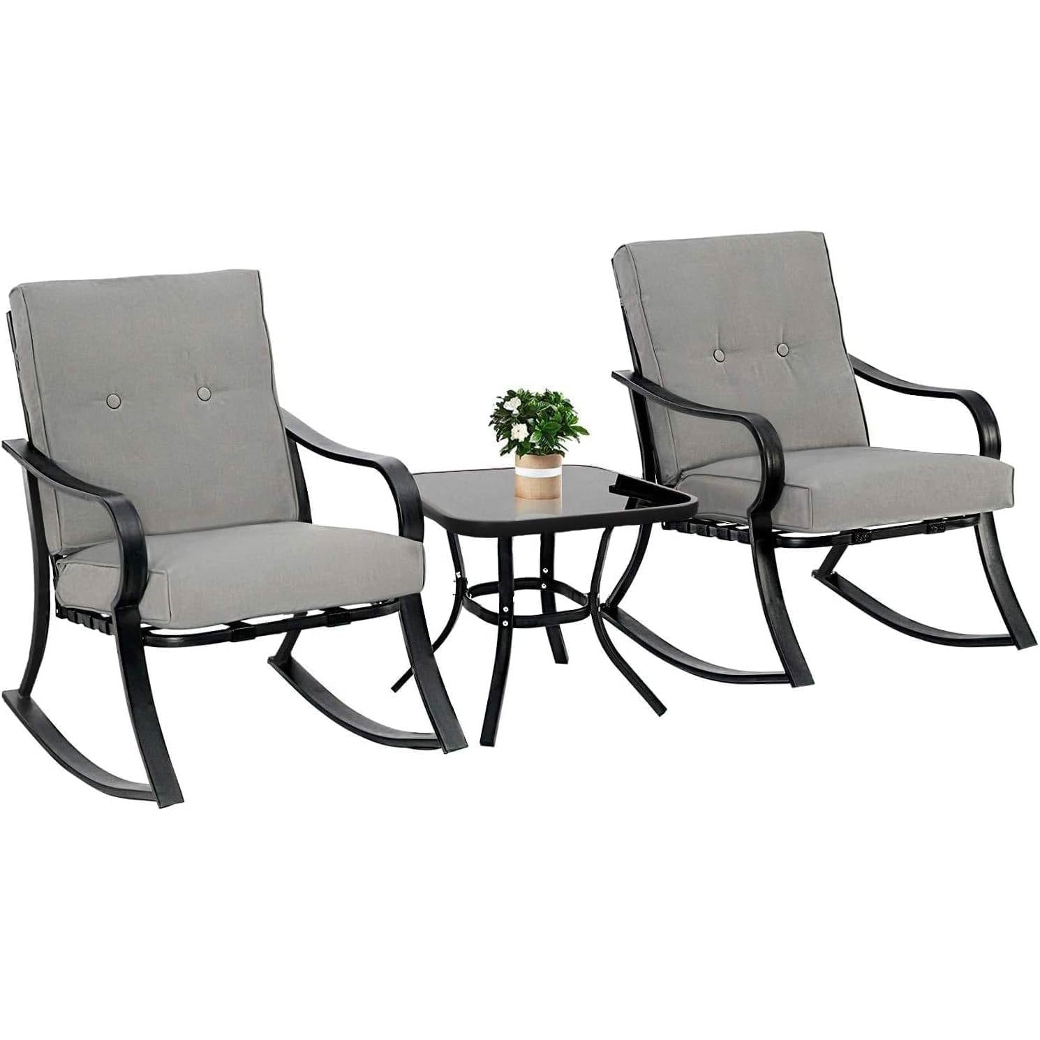Outdoor 3-Piece Patio Furniture Table Rocking Chairs Set with Grey Cushions - Tampa Home & Garden Store