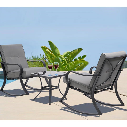 Outdoor 3-Piece Patio Furniture Table Rocking Chairs Set with Grey Cushions - Tampa Home & Garden Store