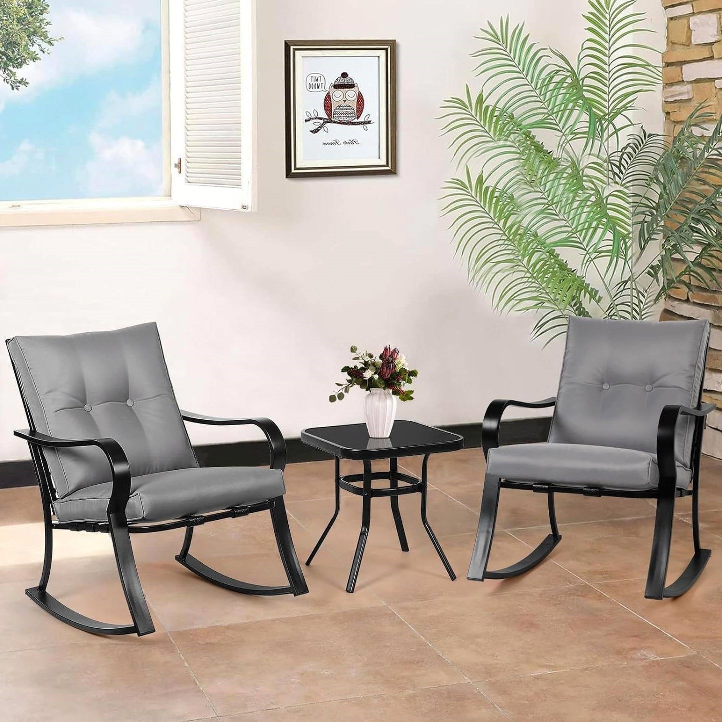 Outdoor 3-Piece Patio Furniture Table Rocking Chairs Set with Grey Cushions - Tampa Home & Garden Store