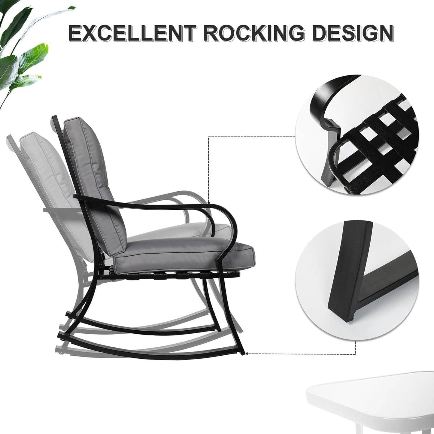Outdoor 3-Piece Patio Furniture Table Rocking Chairs Set with Grey Cushions - Tampa Home & Garden Store