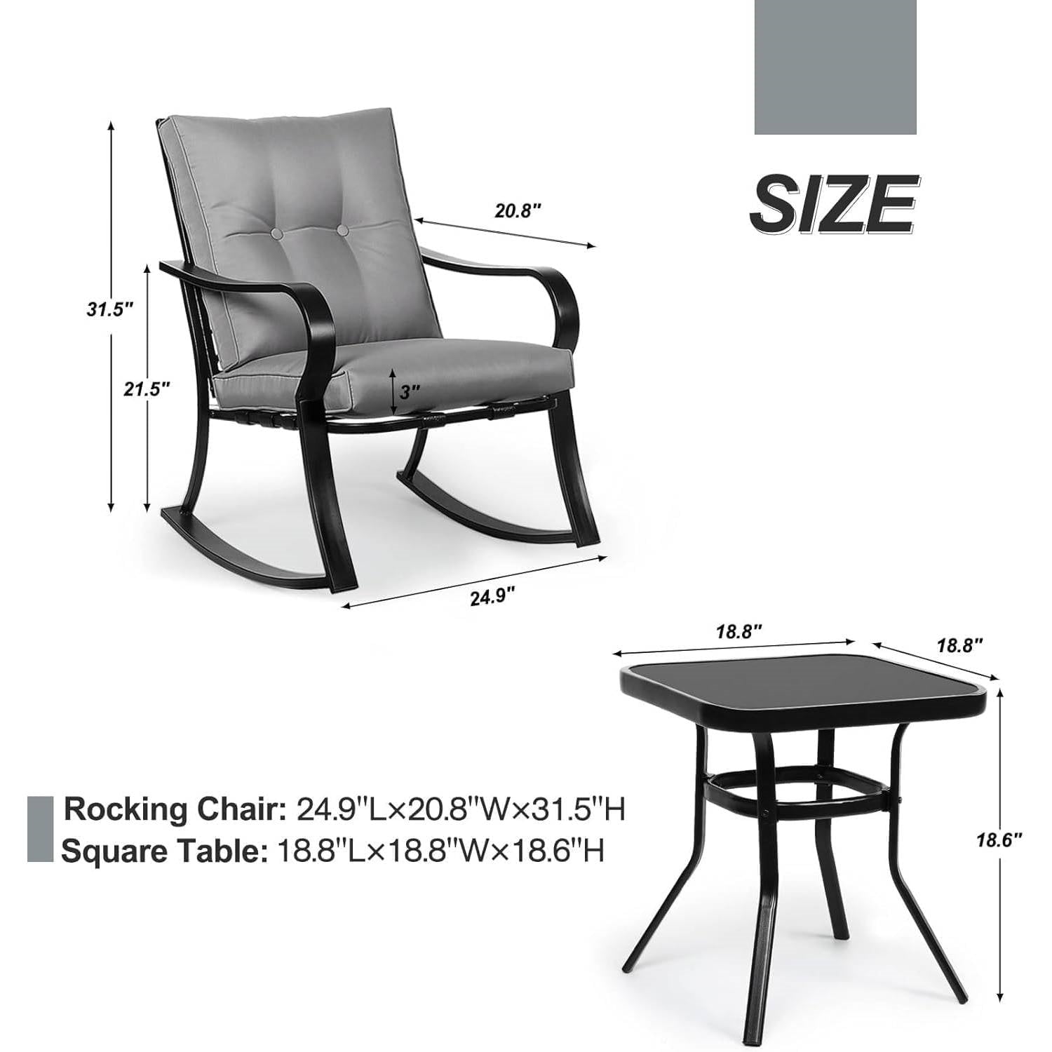 Outdoor 3-Piece Patio Furniture Table Rocking Chairs Set with Grey Cushions - Tampa Home & Garden Store