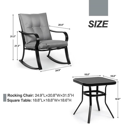 Outdoor 3-Piece Patio Furniture Table Rocking Chairs Set with Grey Cushions - Tampa Home & Garden Store
