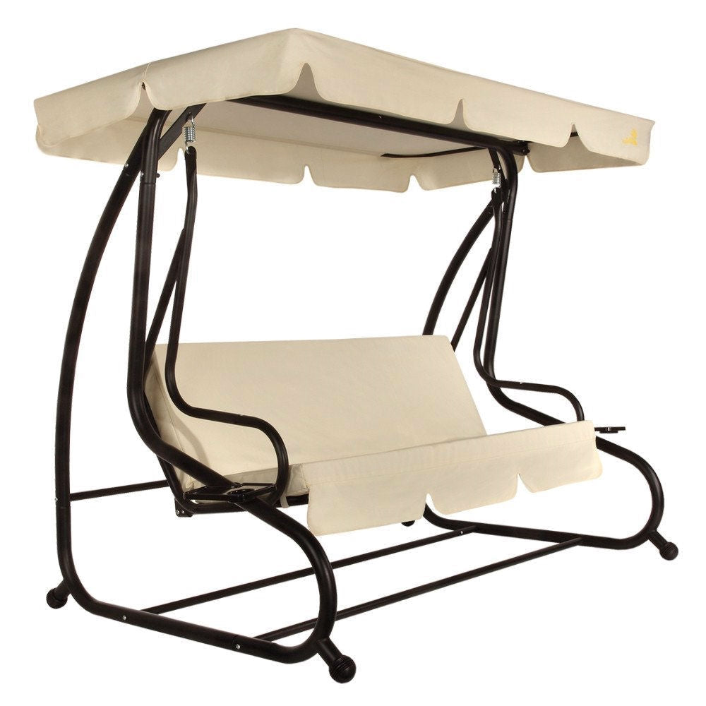 Outdoor 3-Seat Canopy Swing with Beige Cushions for Patio Deck or Porch - Tampa Home & Garden Store