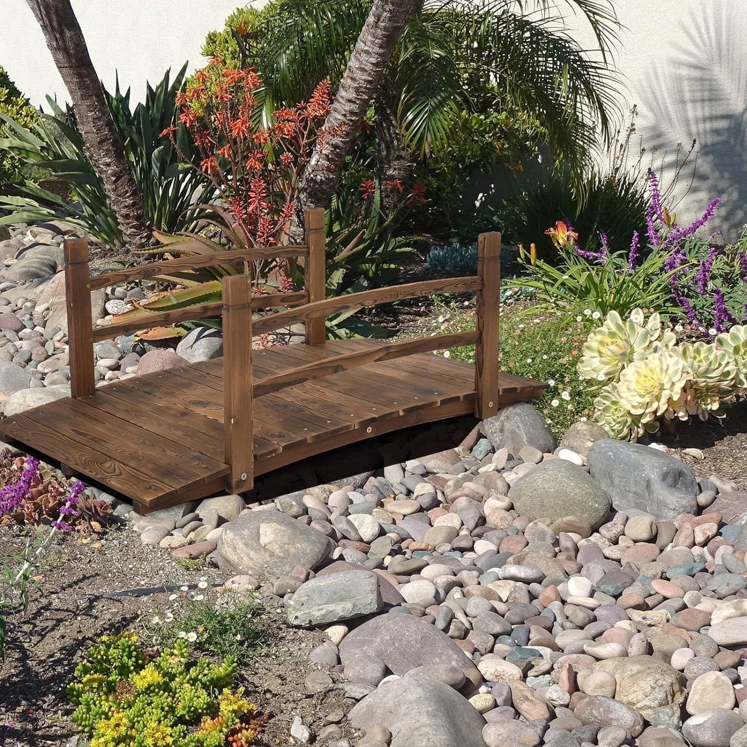 Outdoor 4-ft Wooden Garden Bridge in Rustic Brown Wood Finish - Tampa Home & Garden Store