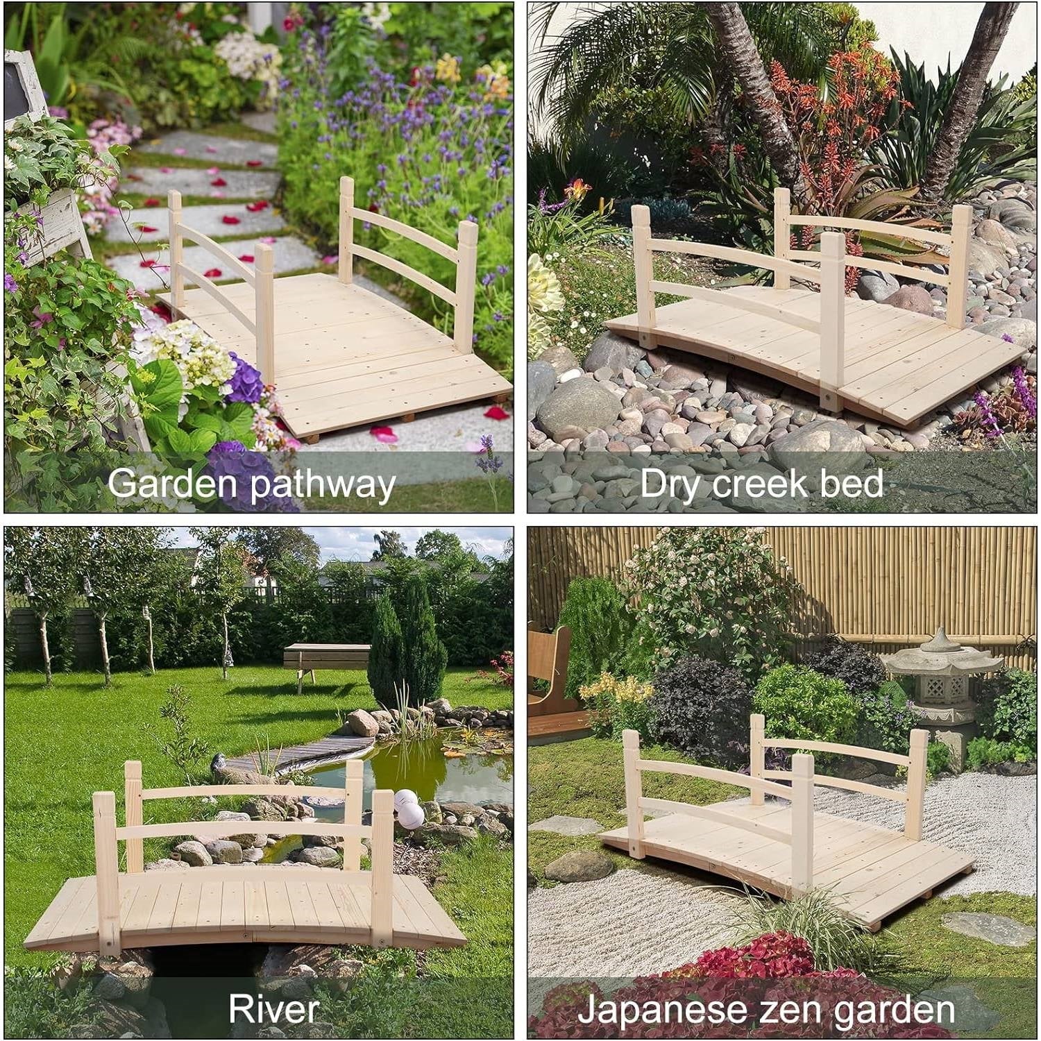 Outdoor 4-ft Wooden Garden Bridge with Rails in Natural Wood Finish - Tampa Home & Garden Store
