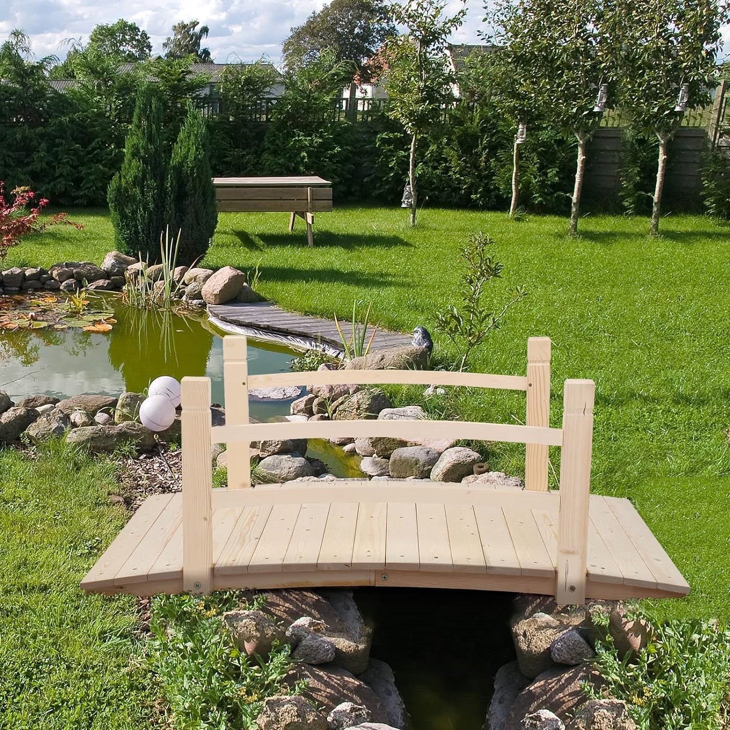 Outdoor 4-ft Wooden Garden Bridge with Rails in Natural Wood Finish - Tampa Home & Garden Store