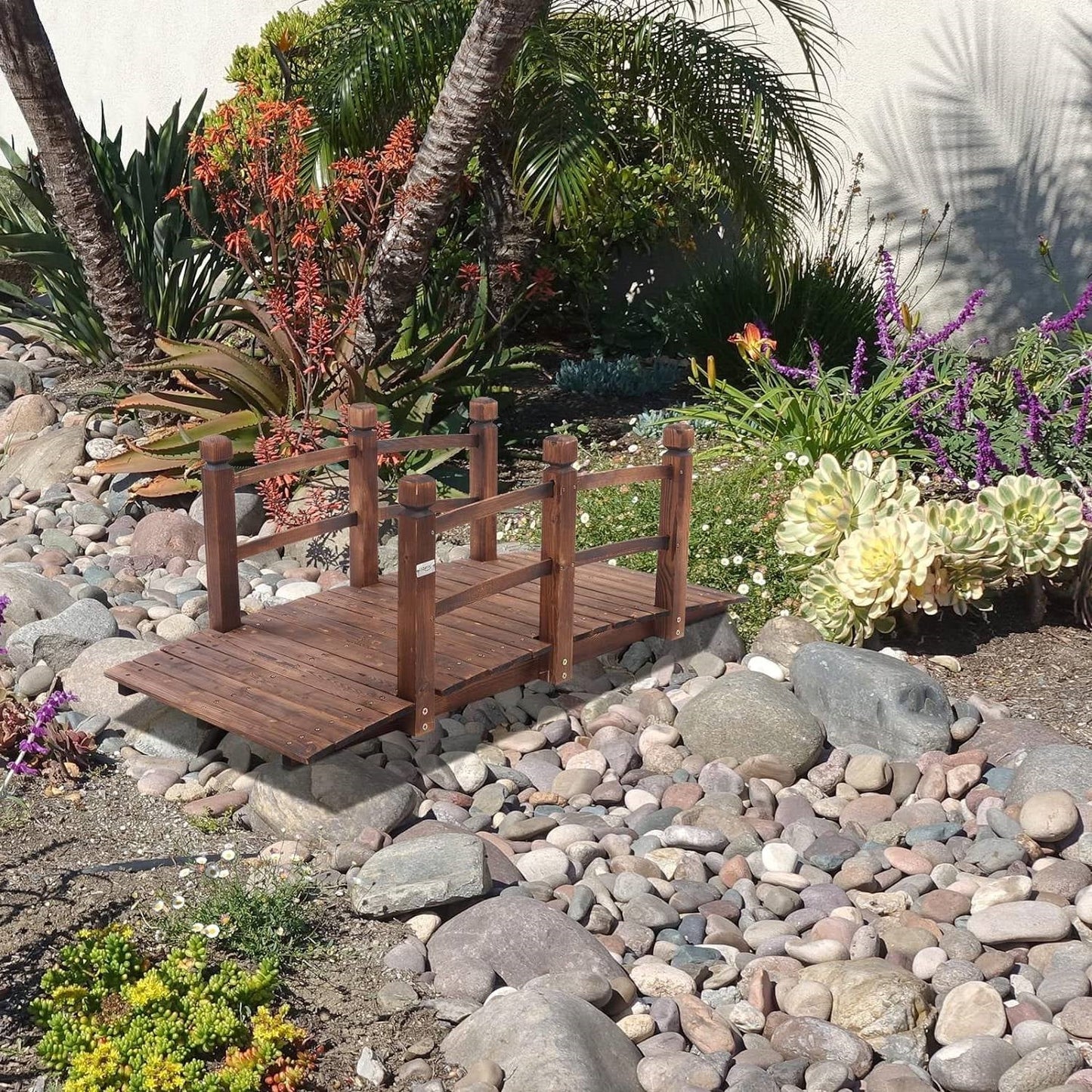 Outdoor 5-foot Solid Fir Wood Garden Bridge in Rustic Brown Finish - Tampa Home & Garden Store