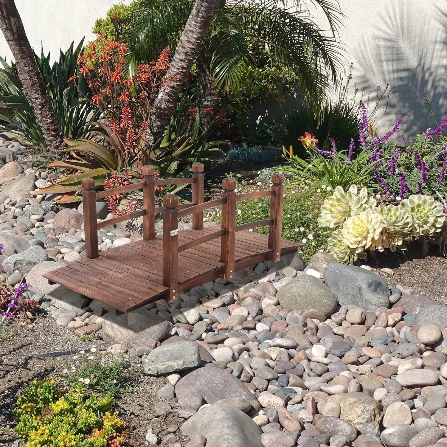 Outdoor 5-foot Solid Fir Wood Garden Bridge in Rustic Brown Finish - Tampa Home & Garden Store
