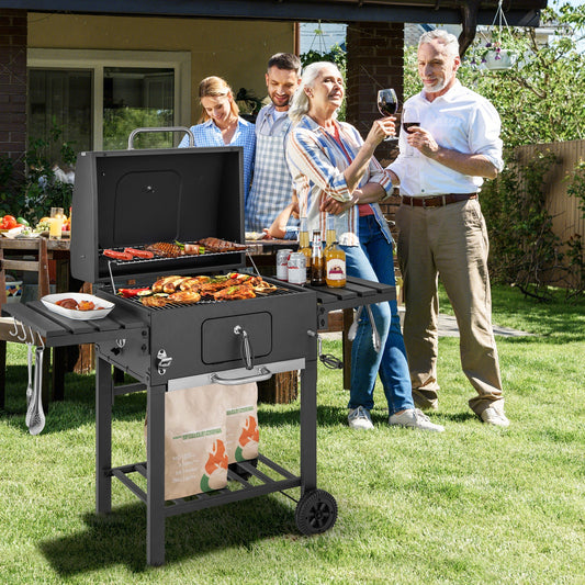 Outdoor BBQ Charcoal Grill with 2 Foldable Side Table and Wheels - Tampa Home & Garden Store