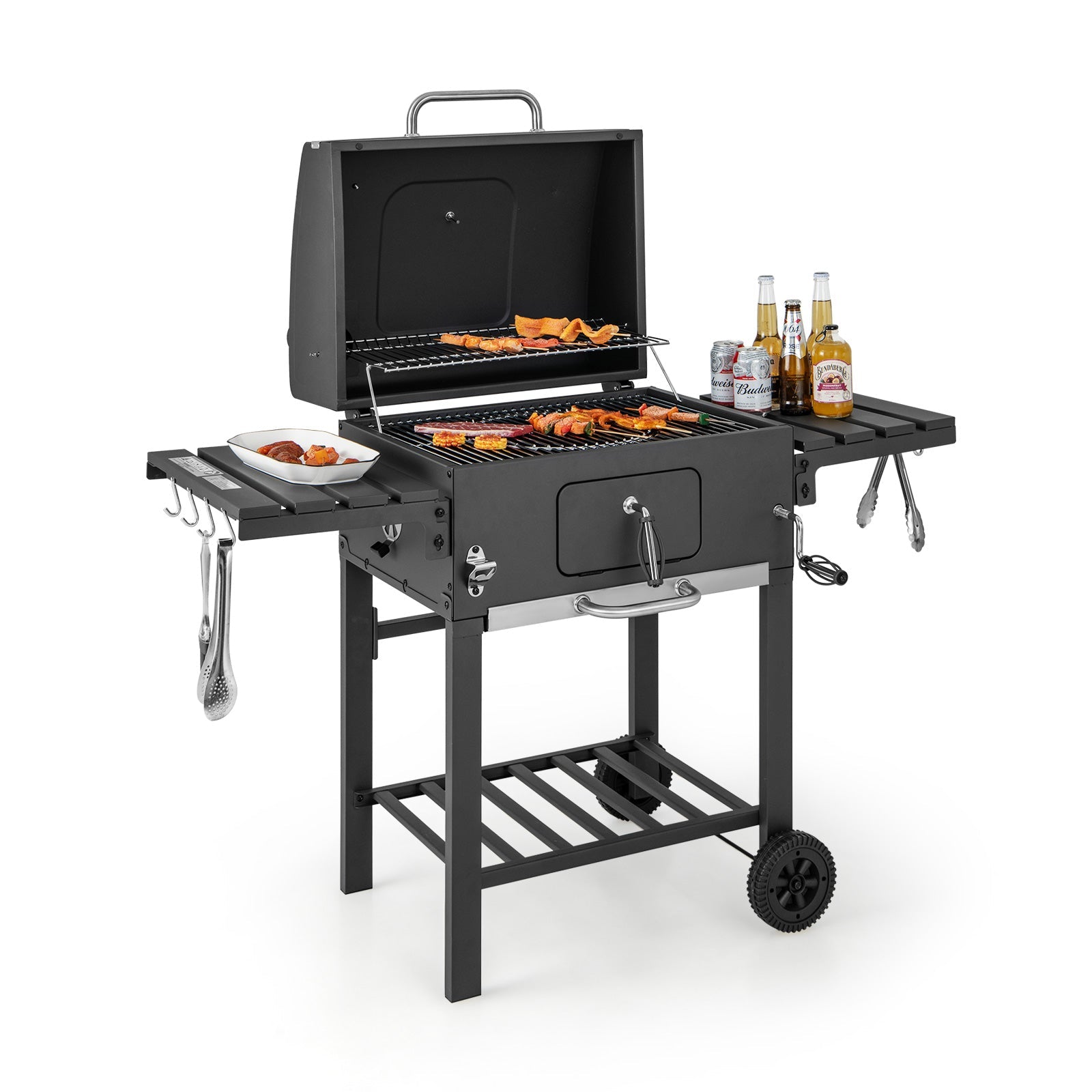 Outdoor BBQ Charcoal Grill with 2 Foldable Side Table and Wheels - Tampa Home & Garden Store