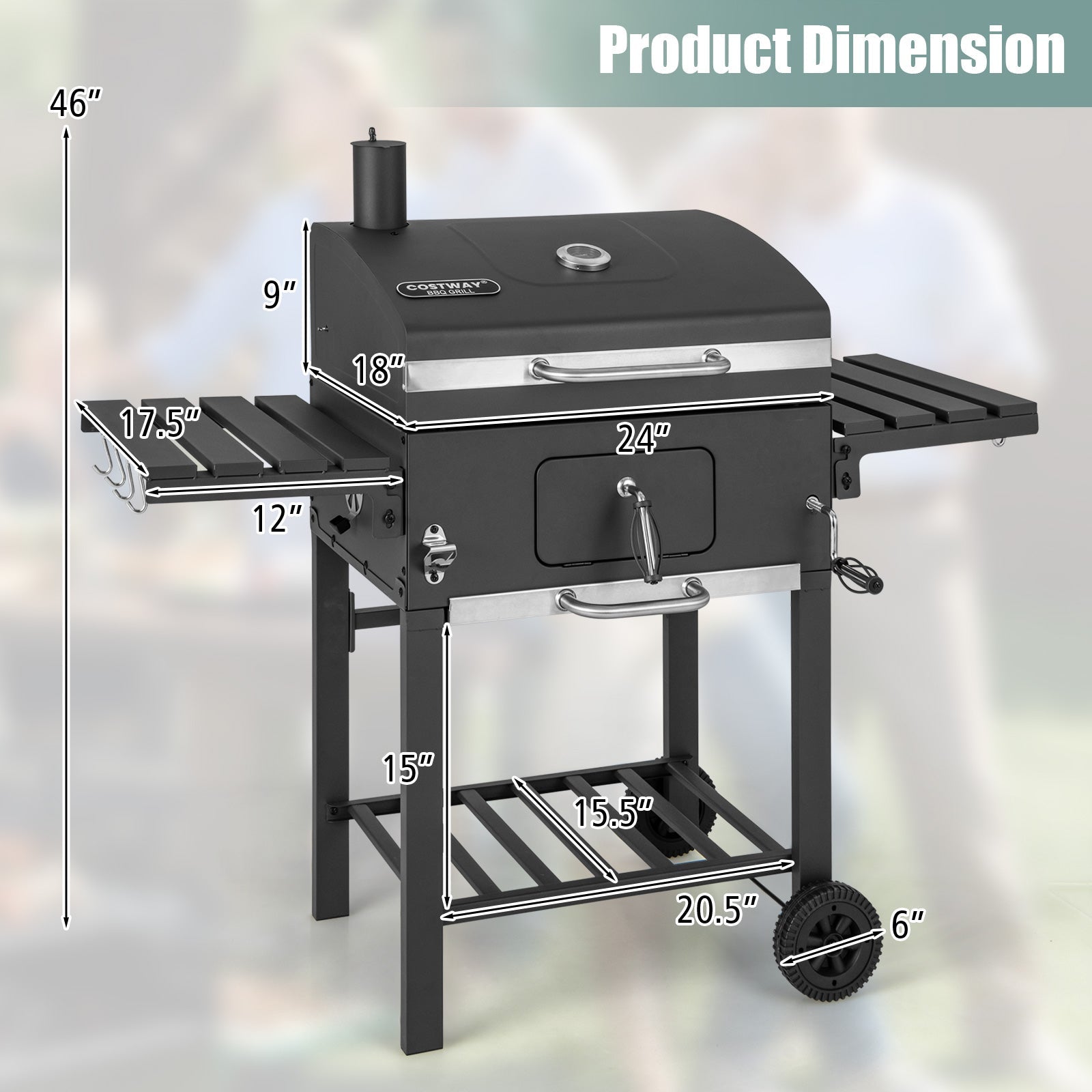 Outdoor BBQ Charcoal Grill with 2 Foldable Side Table and Wheels - Tampa Home & Garden Store
