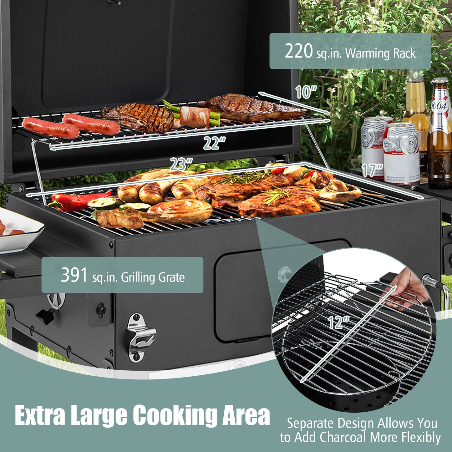 Outdoor BBQ Charcoal Grill with 2 Foldable Side Table and Wheels - Tampa Home & Garden Store